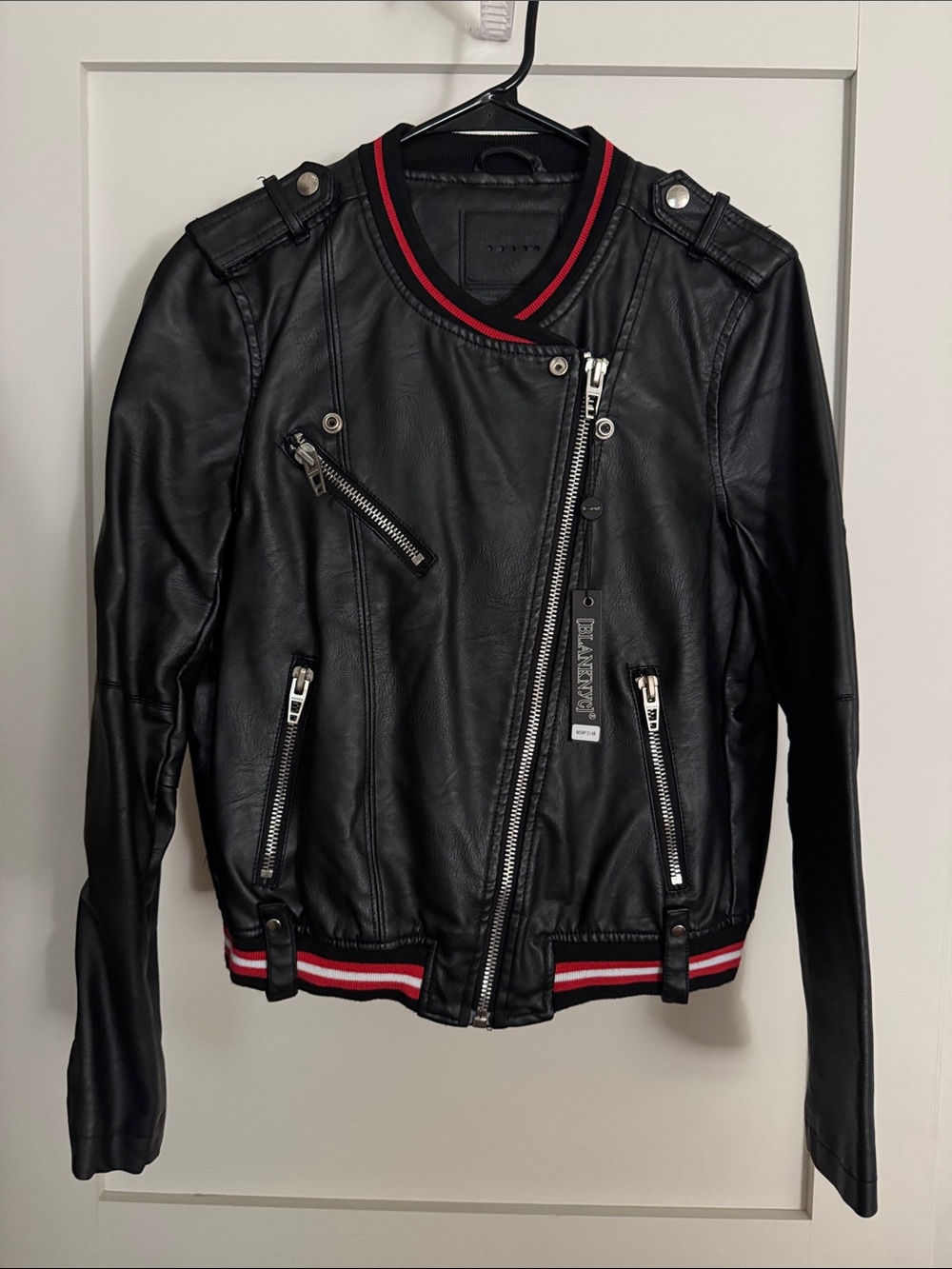 NWT Faux Leather Asymmetric Motorcycle Jacket with Red Trim